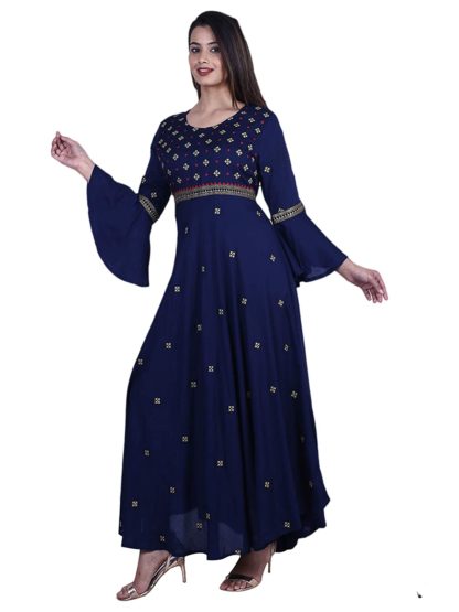 Womens Rayon Anarkali Embroidered Blue Kurta