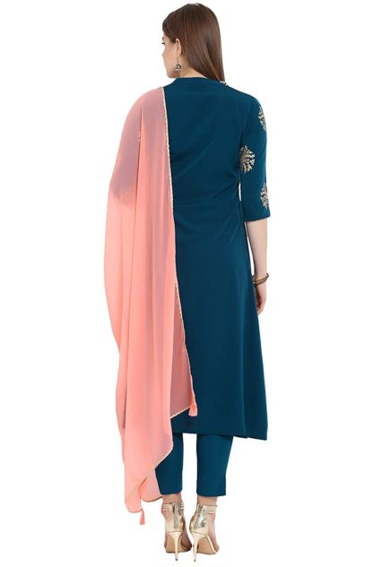 Women’s Turquoise Crepe Kurta With Pant And Dupatta