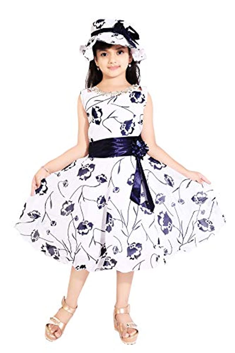Girl Blue & White Floral Frock with Hat - Fshoppers