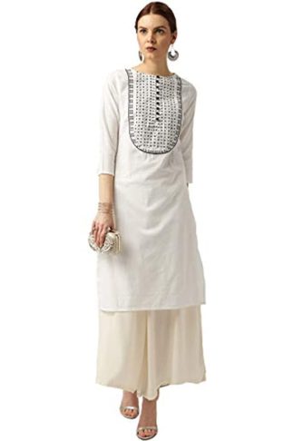 Women Cotton Straight Embroidery Kurti(White)