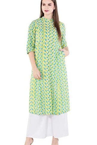 Women Cotton A-Line Kurti(Green)