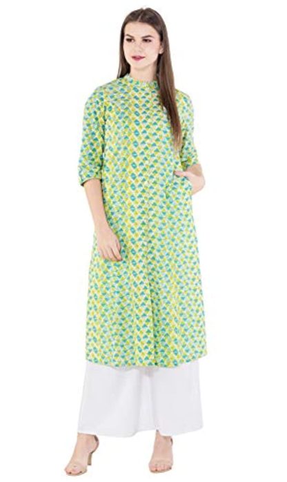 Women Cotton A-Line Kurti(Green)