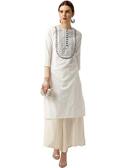 Women Cotton Straight Embroidery Kurti(White)