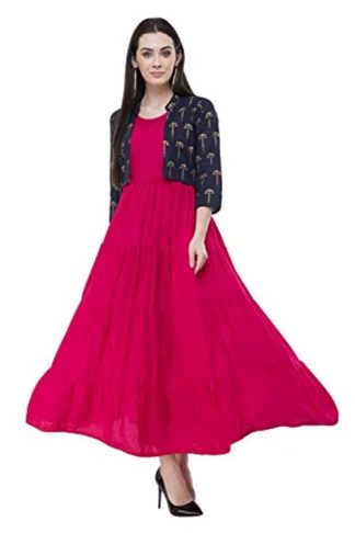 Women Stitched Pink Rayon Anarkali Kurti