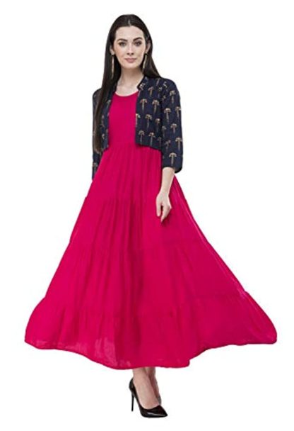 Women Stitched Pink Rayon Anarkali Kurti