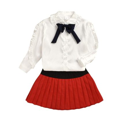 Girls Polyester Bow Applique Full Sleeve Top and Skirt Set in White Color