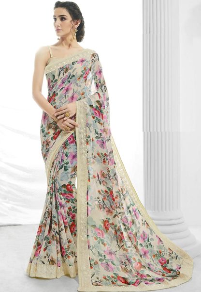 Women’s Georgette Pastel Cream Saree with Blouse Piece