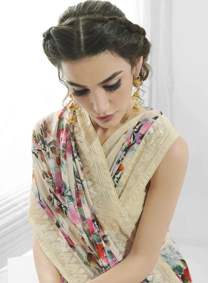 Women’s Georgette Pastel Cream Saree with Blouse Piece