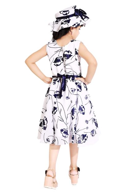 Girl Blue & White Floral Frock with Hat