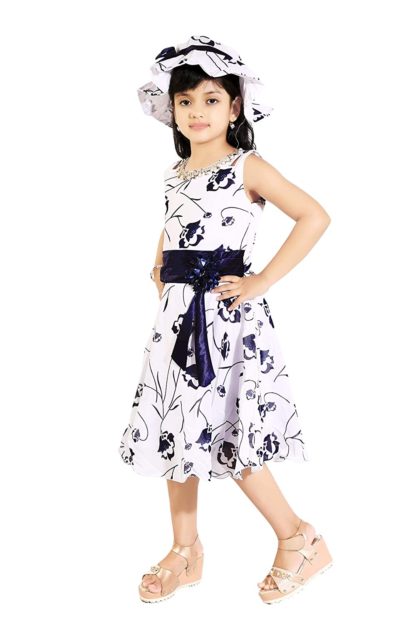 Girl Blue & White Floral Frock with Hat