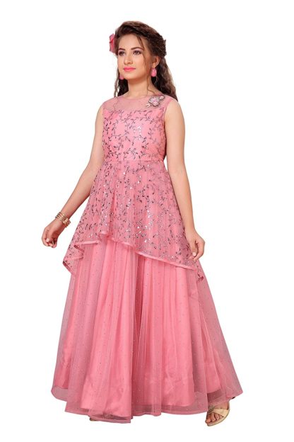 Girls Full Length Mono Net Layred Gown Dress