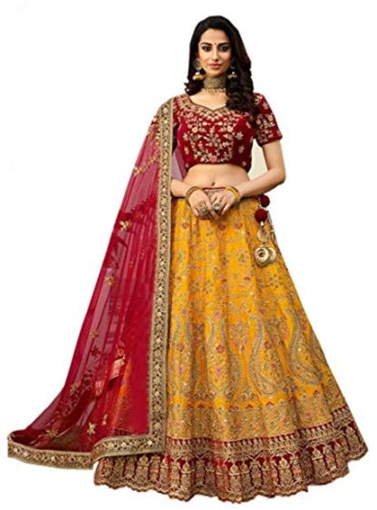 Girl's Silk Embroidered Semi-Stitched Premium Yellow Lehenga Choli Set