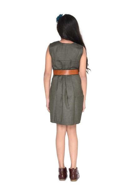 Green Soft Poly Viscose Round Neck Sleeveless Box pleated Design Knee Length Birthday Party Dress Along with Brown Leather Waist Belt