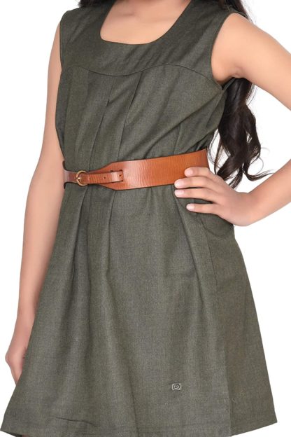 Green Soft Poly Viscose Round Neck Sleeveless Box pleated Design Knee Length Birthday Party Dress Along with Brown Leather Waist Belt