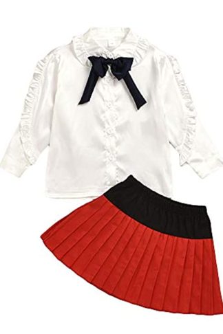 Girls Polyester Bow Applique Full Sleeve Top and Skirt Set in White Color