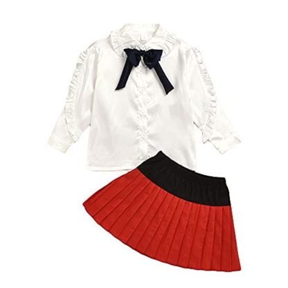 Girls Polyester Bow Applique Full Sleeve Top and Skirt Set in White Color