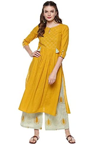 Women’s Mustard And Sage Green Cotton Kurta Set