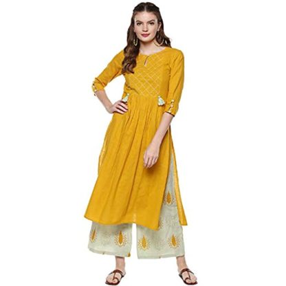 Women’s Mustard And Sage Green Cotton Kurta Set