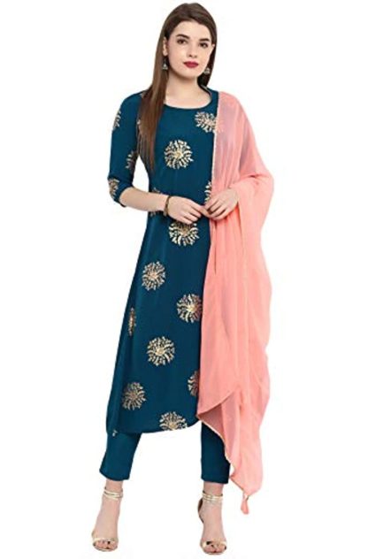 Women’s Turquoise Crepe Kurta With Pant And Dupatta