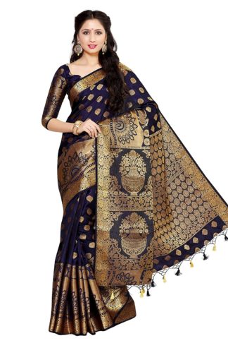 Kanchipuram Silk Saree with Unstitched Blouse Piece (Navy Blue)