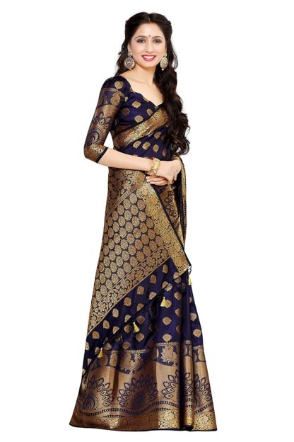 Kanchipuram Silk Saree with Unstitched Blouse Piece (Navy Blue)