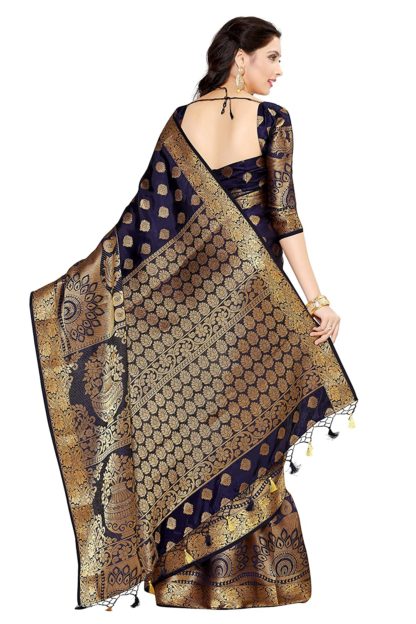 Kanchipuram Silk Saree with Unstitched Blouse Piece (Navy Blue)