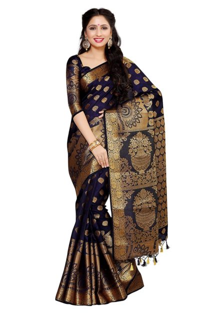 Kanchipuram Silk Saree with Unstitched Blouse Piece (Navy Blue)