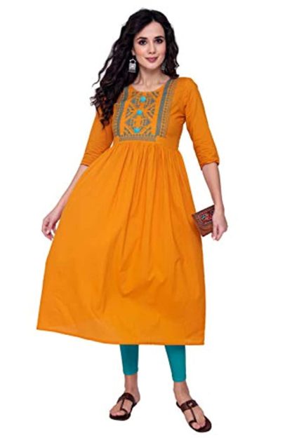 Women’s 3/4 Sleeve Pure Cotton A line Embroidery Kurti for Women