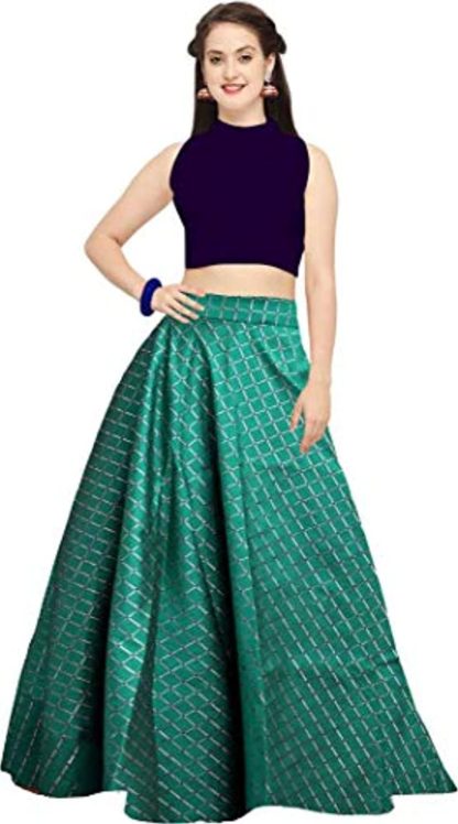 Taffeta Silk Green Checkered Semi-Stitched Lehenga and Crop Top (Free Size)