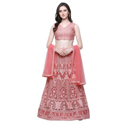 Women's Net Semi-Stitched Pink Lehenga Choli Set (Free Size)