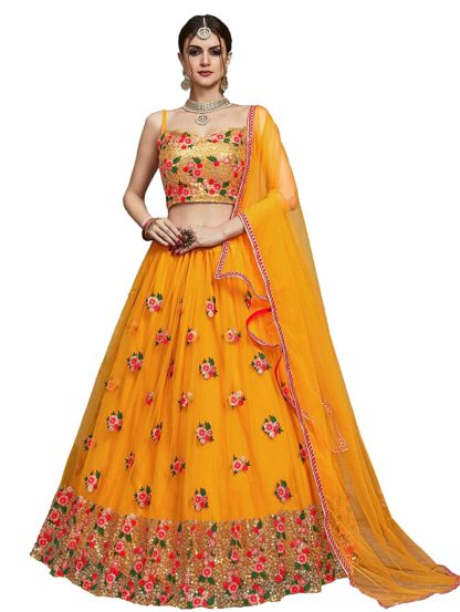 Women’s Heavy Net Sequins Yellow Lehenga Choli (Free Size)