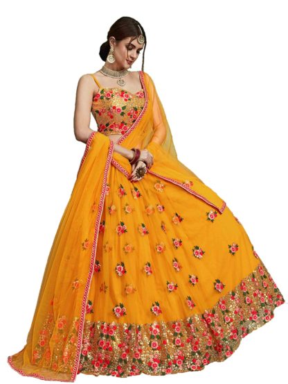 Women’s Heavy Net Sequins Yellow Lehenga Choli (Free Size)