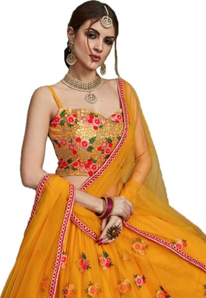 Women’s Heavy Net Sequins Yellow Lehenga Choli (Free Size)