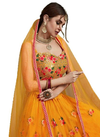 Women’s Heavy Net Sequins Yellow Lehenga Choli (Free Size)