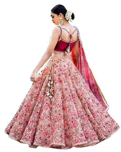 Women’s Embroidered Pink Semi Stitched Lehenga Choli (FreeSize)