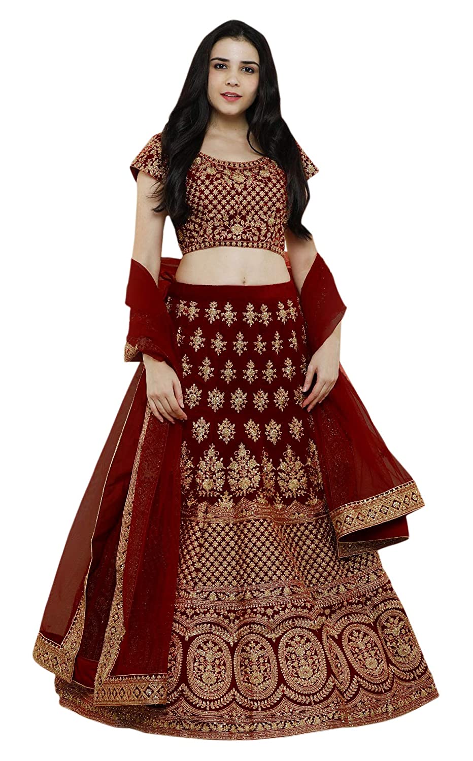 Maroon Silk Printed Semi Stitched Lehenga With Unstitched Bl