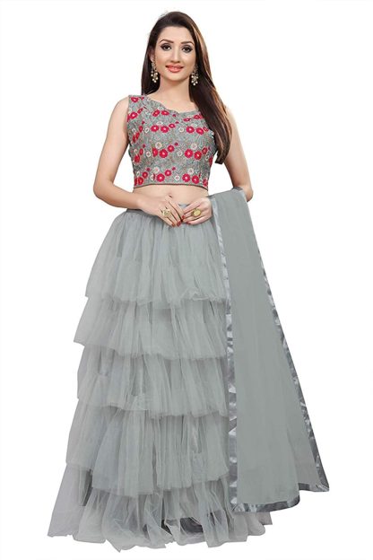 Women's Embroidered Ruffle Solid Semi Stitched Lehenga, Choli and Dupatta Set