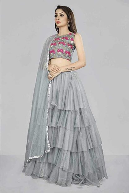 Women’s Embroidered Ruffle Solid Semi Stitched Lehenga, Choli and Dupatta Set