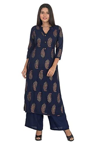 Stitched Formal and Casual Calf Length Printed Rayon Kurti Palazzo Set For Women