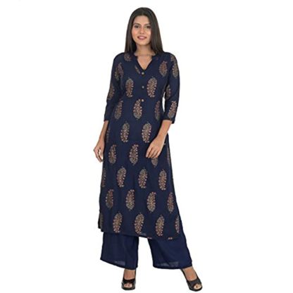 Stitched Formal and Casual Calf Length Printed Rayon Kurti Palazzo Set For Women