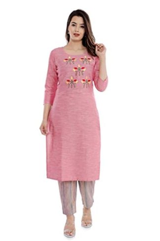 Women’s Cotton Embroidery Pattern Kurta With Printed Pant Set (Pink)