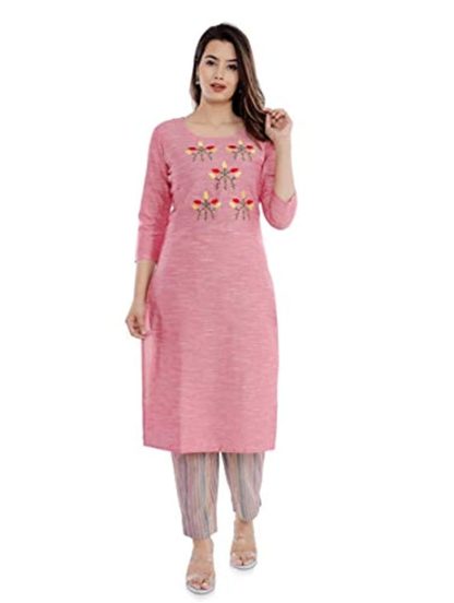 Women’s Cotton Embroidery Pattern Kurta With Printed Pant Set (Pink)