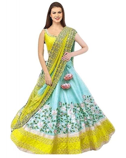 Women’s Satin Red green Multicolored Lehenga Choli (Free Size)