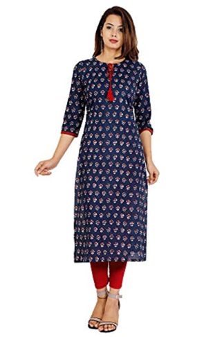 Women Cotton Blue Straight Kurti