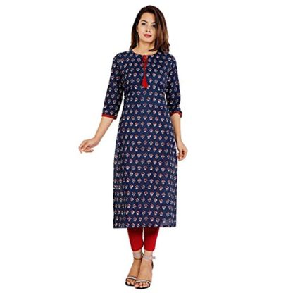 Women Cotton Blue Straight Kurti