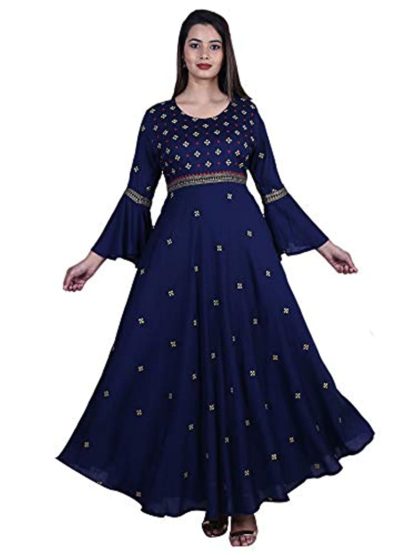 Womens Rayon Anarkali Embroidered Blue Kurta