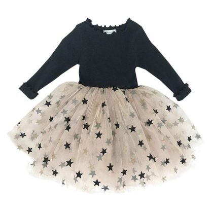 Polycotton Full Sleeves Geometric Star Dress in Black Color