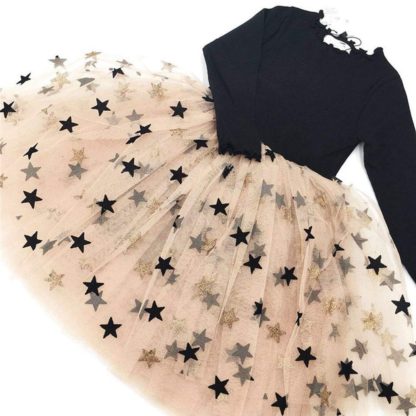 Polycotton Full Sleeves Geometric Star Dress in Black Color