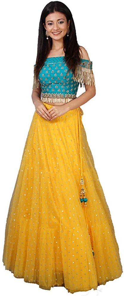 Women’s Stunning Blue & Yellow Net Lehenga Choli (Free Size)