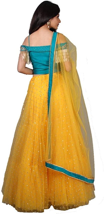 Women’s Stunning Blue & Yellow Net Lehenga Choli (Free Size)